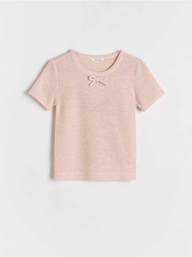 Reserved - T-shirt z kokardką - pastelowy róż