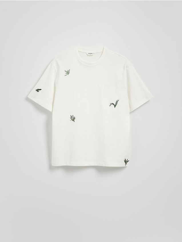 Reserved - T-shirt relaxed z haftem - złamana biel
