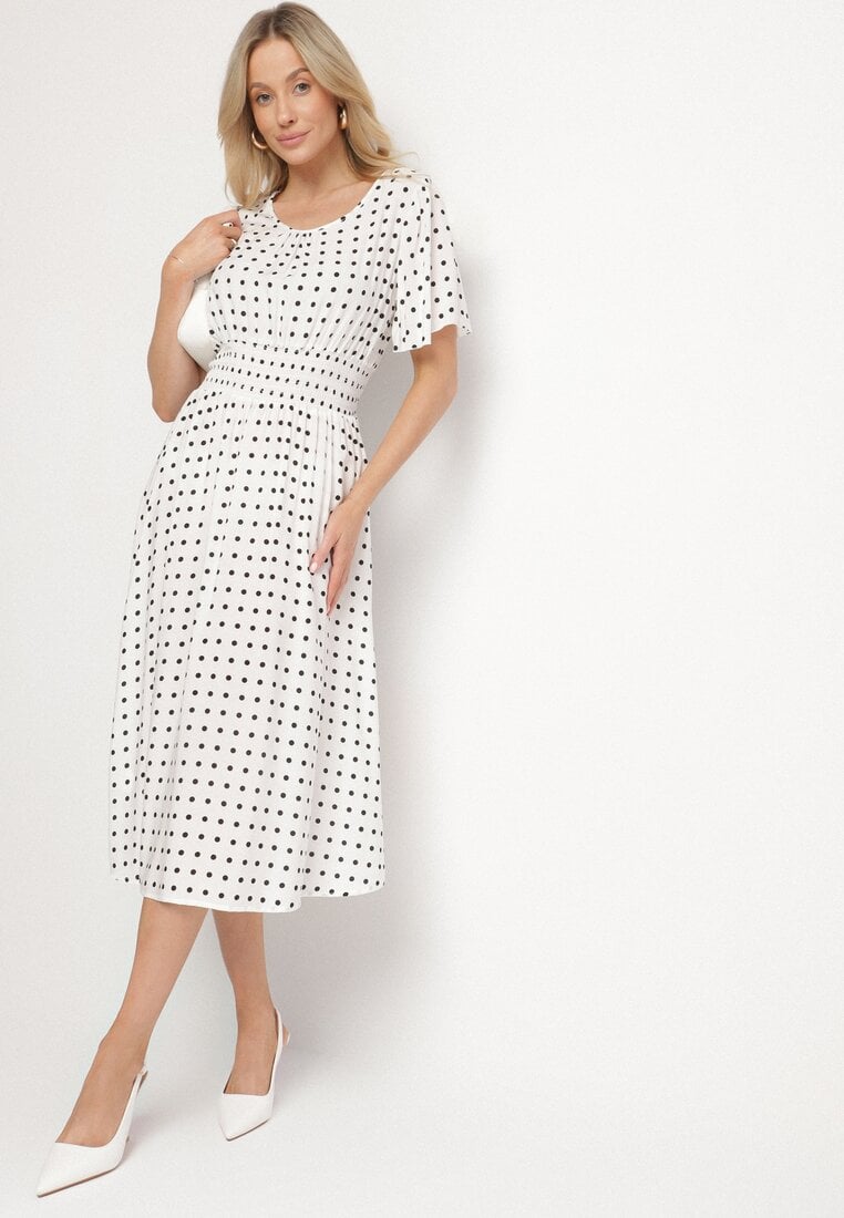 Biała Sukienka z Bawełny Rozkloszowana w Kropki Toliennea