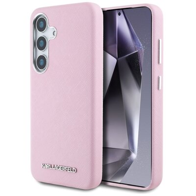 Etui KARL LAGERFELD Saffiano Full Wrapped Elongated Metal Logo MagSafe do Samsung Galaxy S25 Różowy