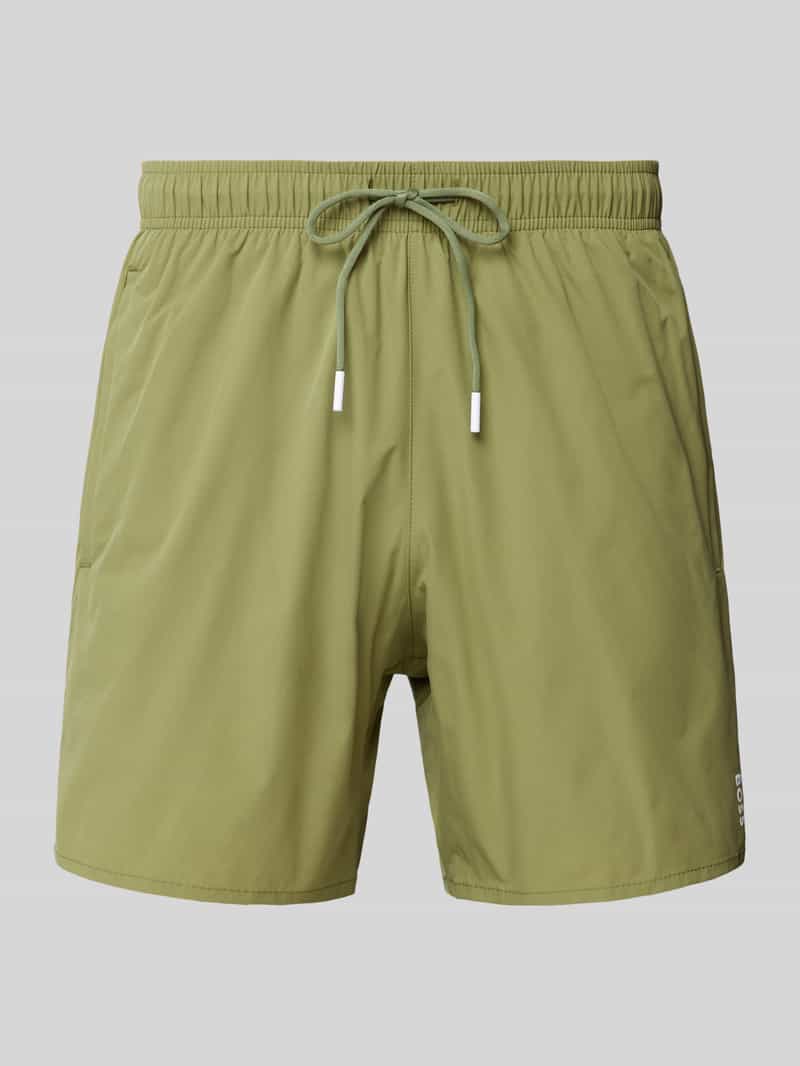 Spodenki kąpielowe o kroju relaxed fit z nadrukiem z logo model ‘Iconic’