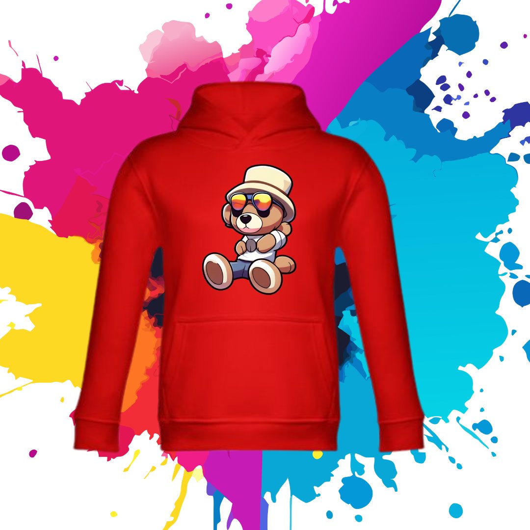 Bluza dziecięca typu kangurka z kapturem w kolorze czerwonym z nadrukiem miś Zdziś 12 lat