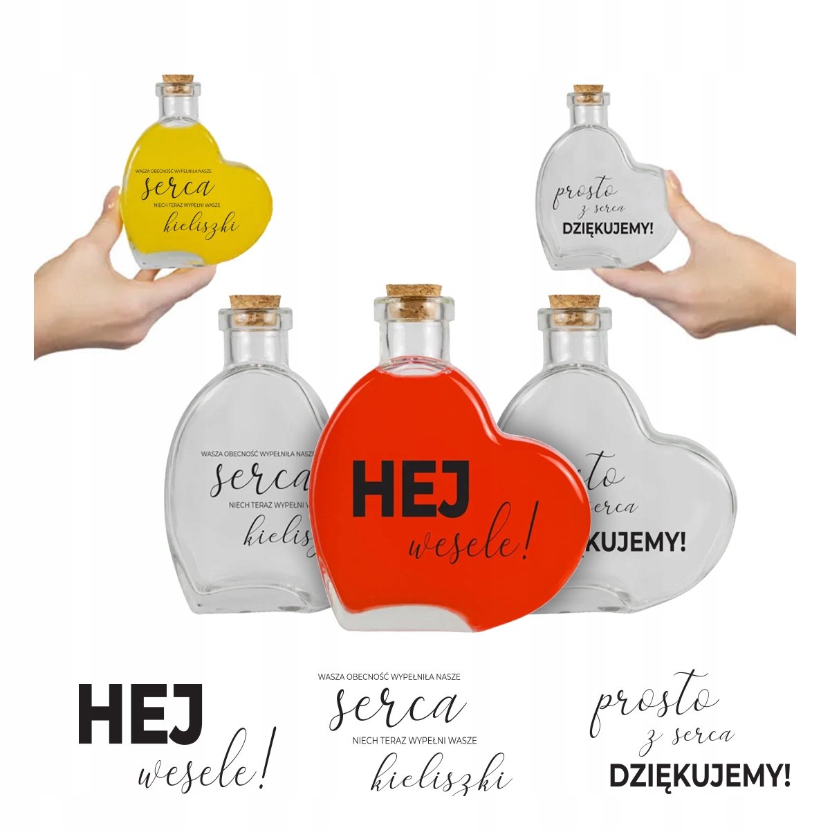 5x Butelki Na Wesele SERCE 250ml Szklane Butelki Z Nadrukiem Dla Gości Ślub