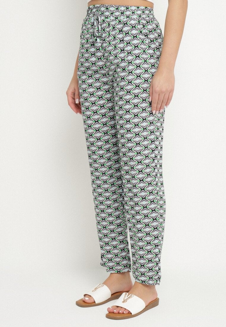 Zielone Spodnie z Bawełny z Gumką w Talii i Kieszeniami w Geometryczny Wzór Lisadelia