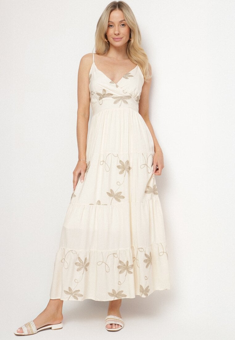 Jasnobeżowa Sukienka Wiskozowa na Ramiączkach Ozdobiona Haftem Telanelis