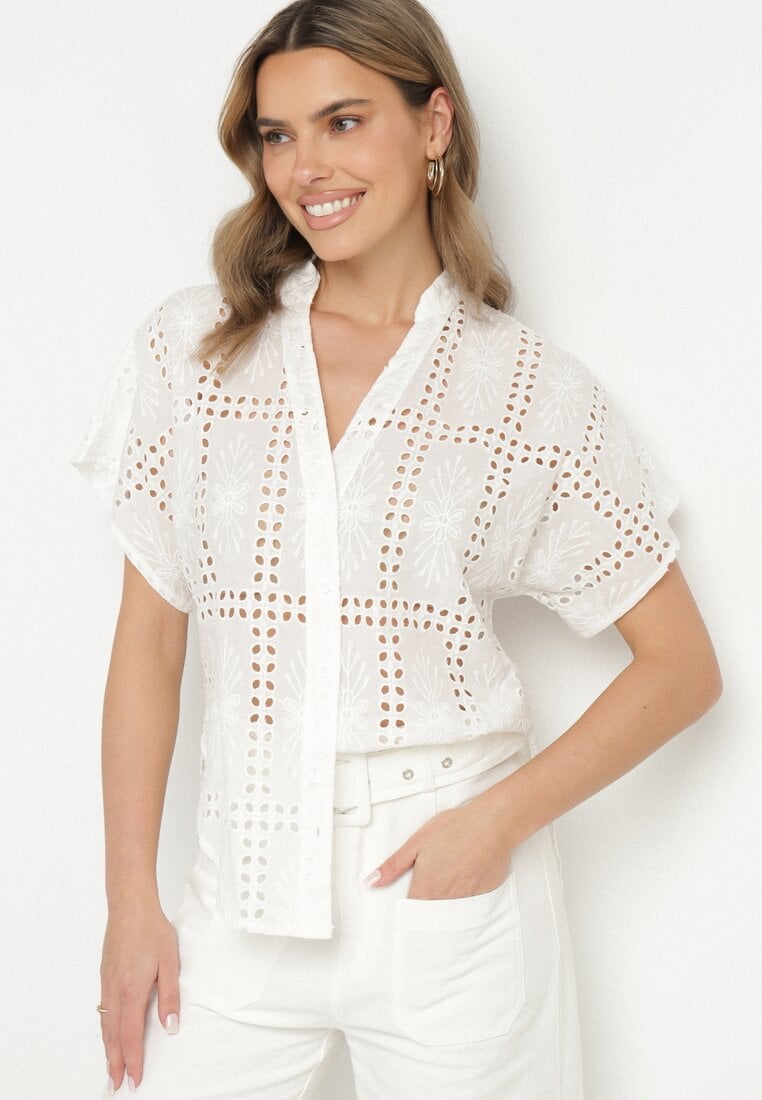 Biała Bawełniana Koszula Ozdobiona Ażurowym Motywem Telarinea