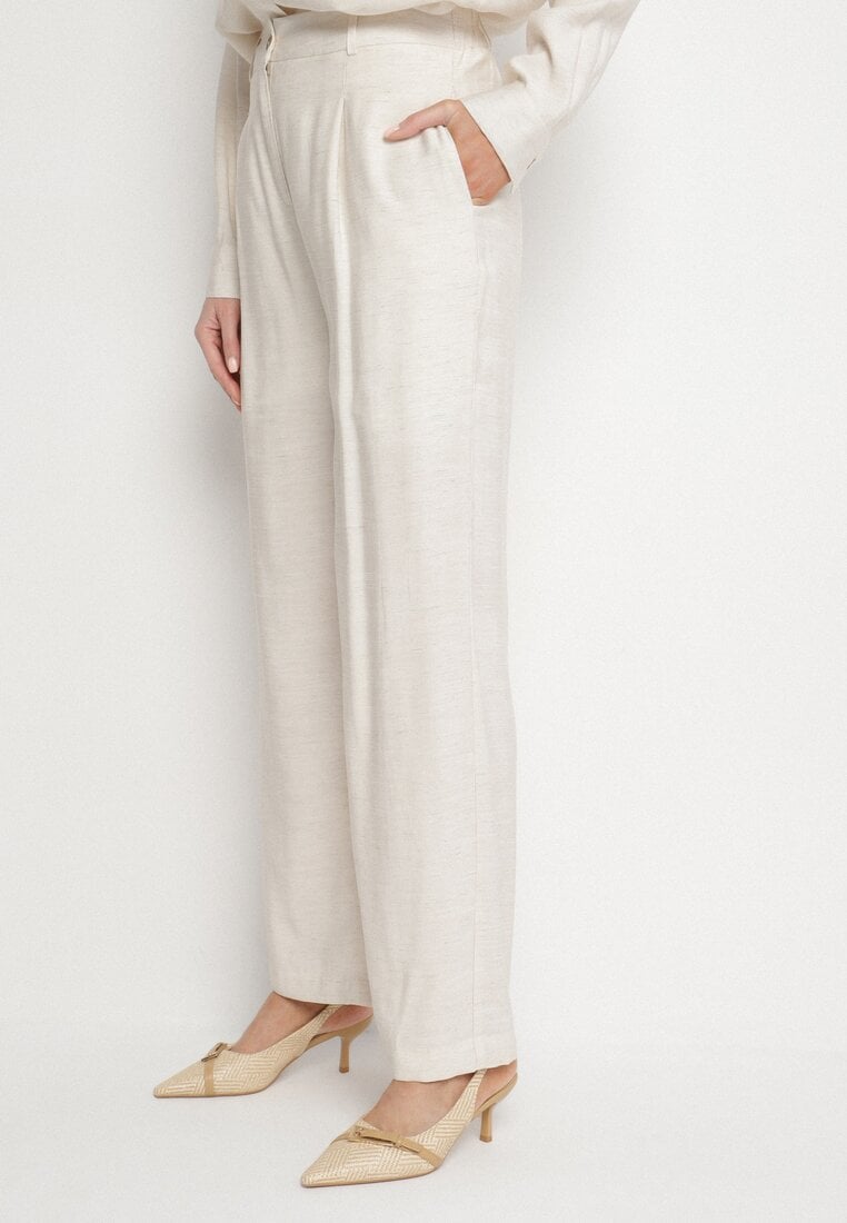 Beżowe Wiskozowe Szerokie Spodnie z Wysokim Stanem Lisoriela
