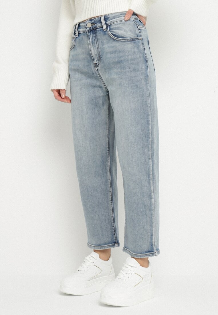Niebieskie Jeansy o Kroju Mom Fit z Wysokim Stanem Borselia