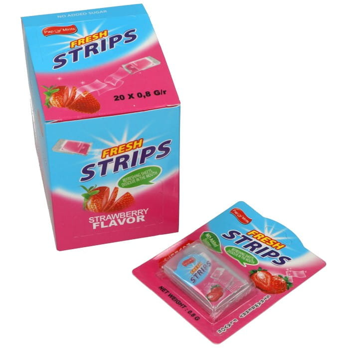 LISTKI O SMAKU TRUSKAWKOWYM FRESH STRIPS OPAK 20SZT BEZ CUKRU