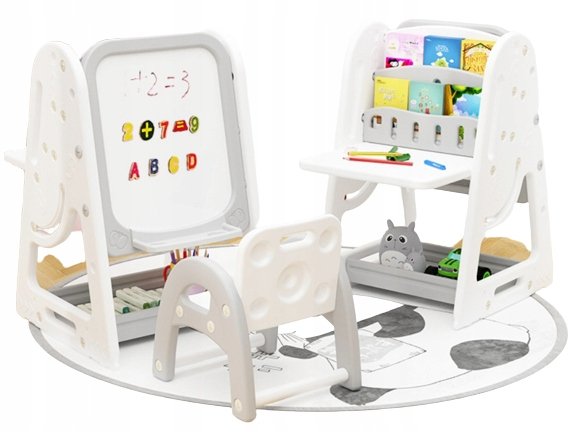 Stolik Z Krzesełkiem Tablica Magnetyczna Półki 3W1 Szary