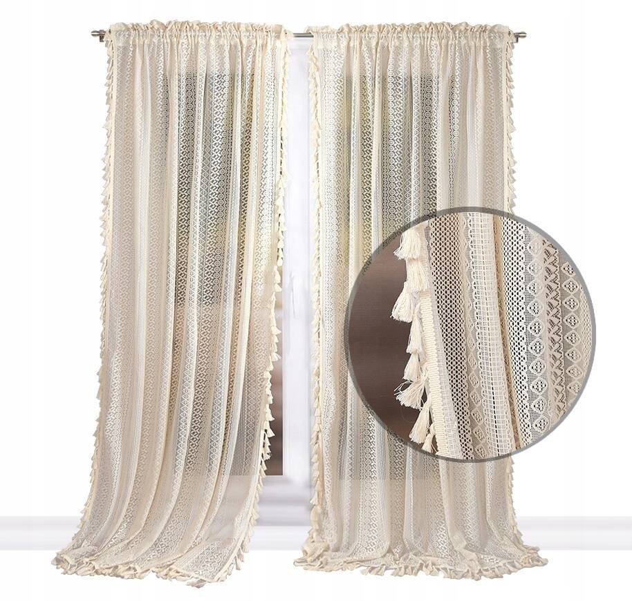 Gotowa Firana Koronkowa STYL BOHO BEŻOWA KLASA TAŚMA PIĘKNA 145x250 LG241
