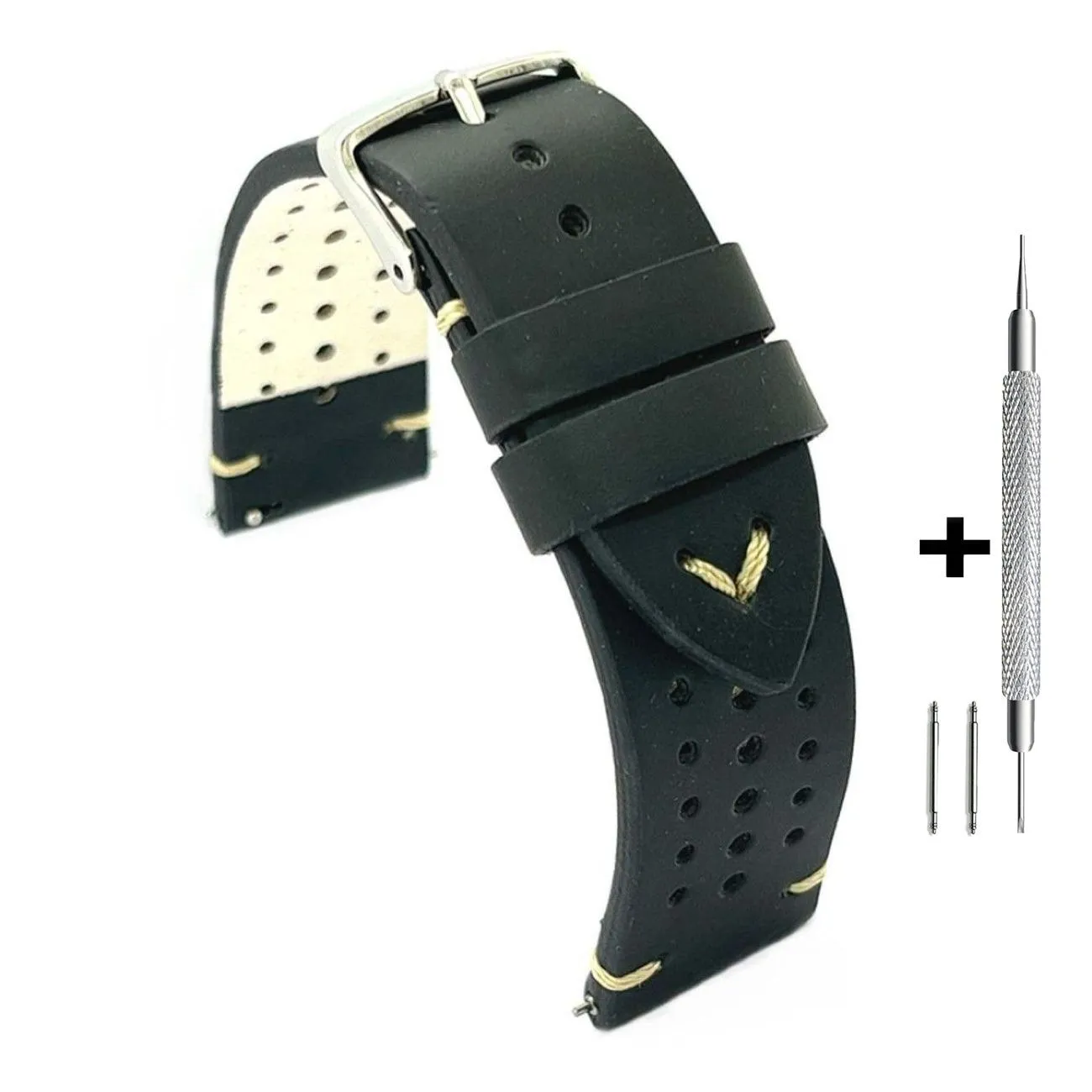 Czarny pasek 22 mm skórzany DILOY 435.22.01 + GRATIS dwa teleskopy i narzędzie