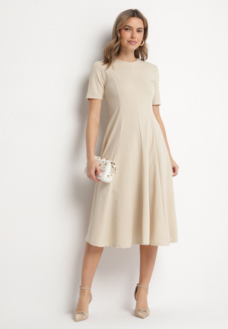 Beżowa Sukienka Rozkloszowana z Taliowaniem Telorwena