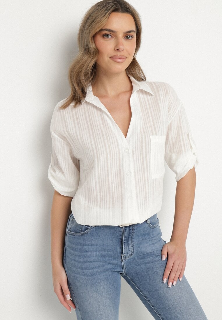 Biała Koszula Bawełniana w Paski z Kieszonką Lialune