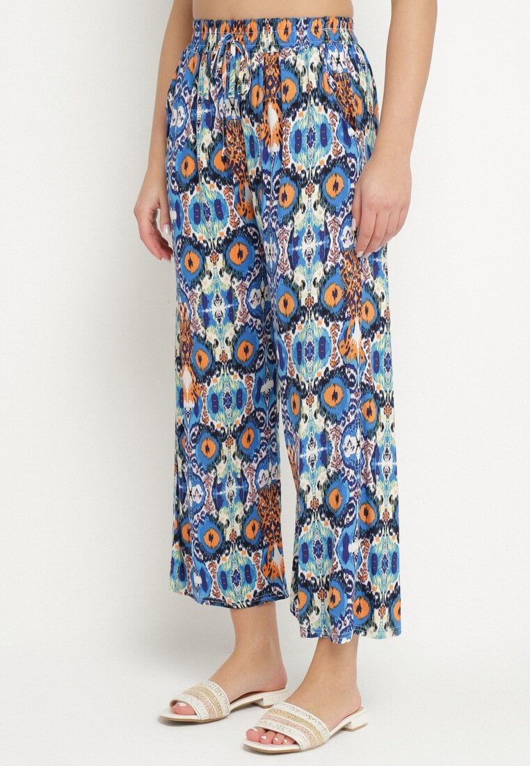 Niebieskie Spodnie Szerokie z Bawełny w Etno Print Tolivenna
