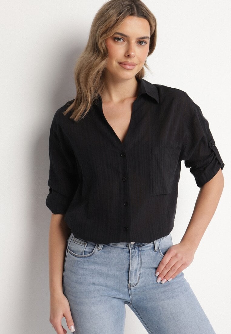 Czarna Koszula Bawełniana w Paski z Kieszonką Lialune