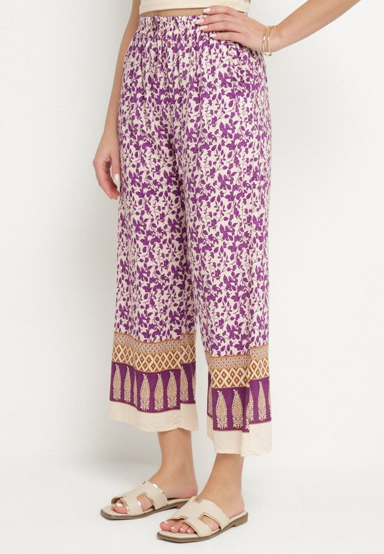 Fioletowe Bawełniane Spodnie z Wysokim Stanem o Długości 7/8 ze Wzorem Boho Lisavinea