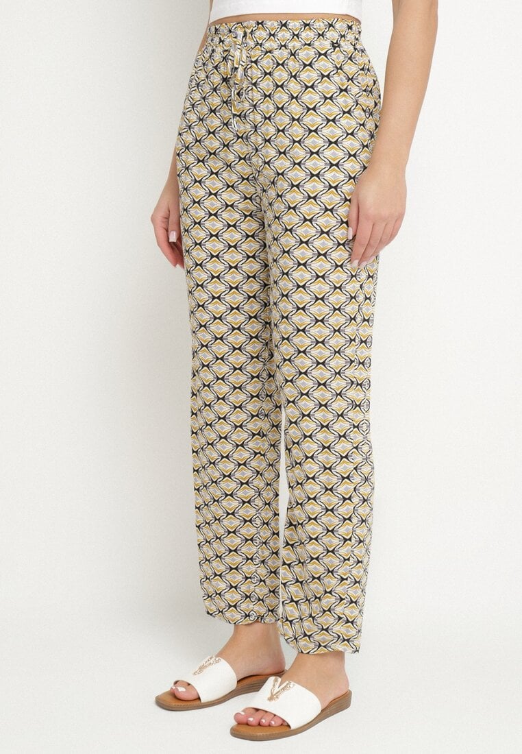Ciemnobeżowe Spodnie z Bawełny z Gumką w Talii i Kieszeniami w Geometryczny Wzór Lisadelia