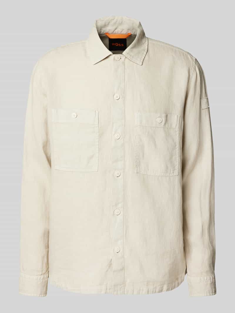 Kurtka koszulowa lniana o kroju regular fit z kieszeniami na piersi model ‘Locky’