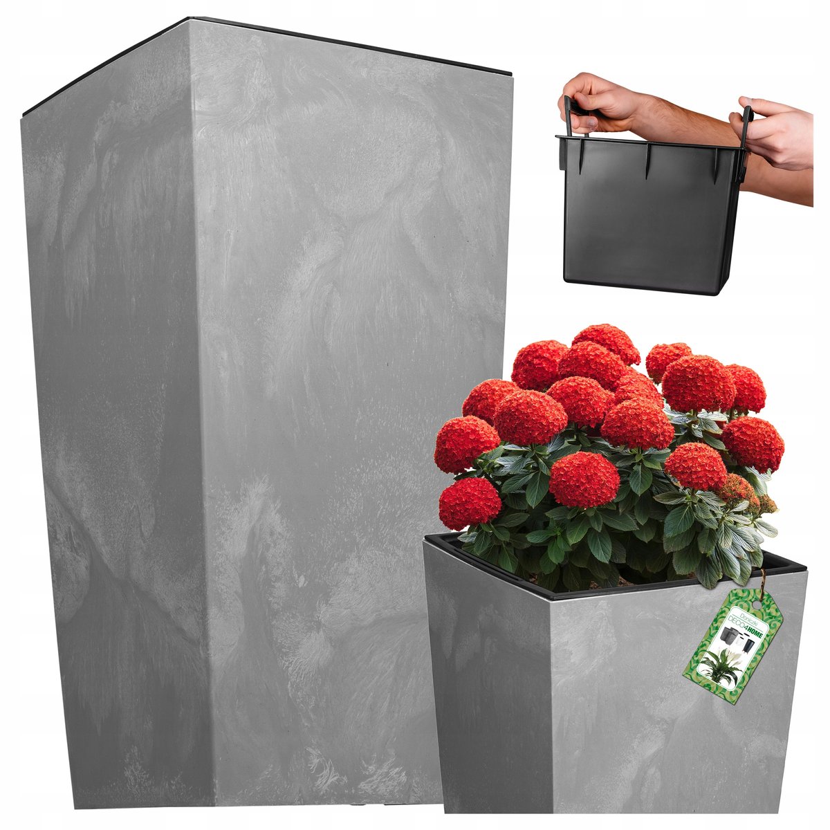 DONICZKA DONICA OGRODOWA EFEKT BETONU SZARA KWIETNIK WYSOKA 45CM WKŁAD