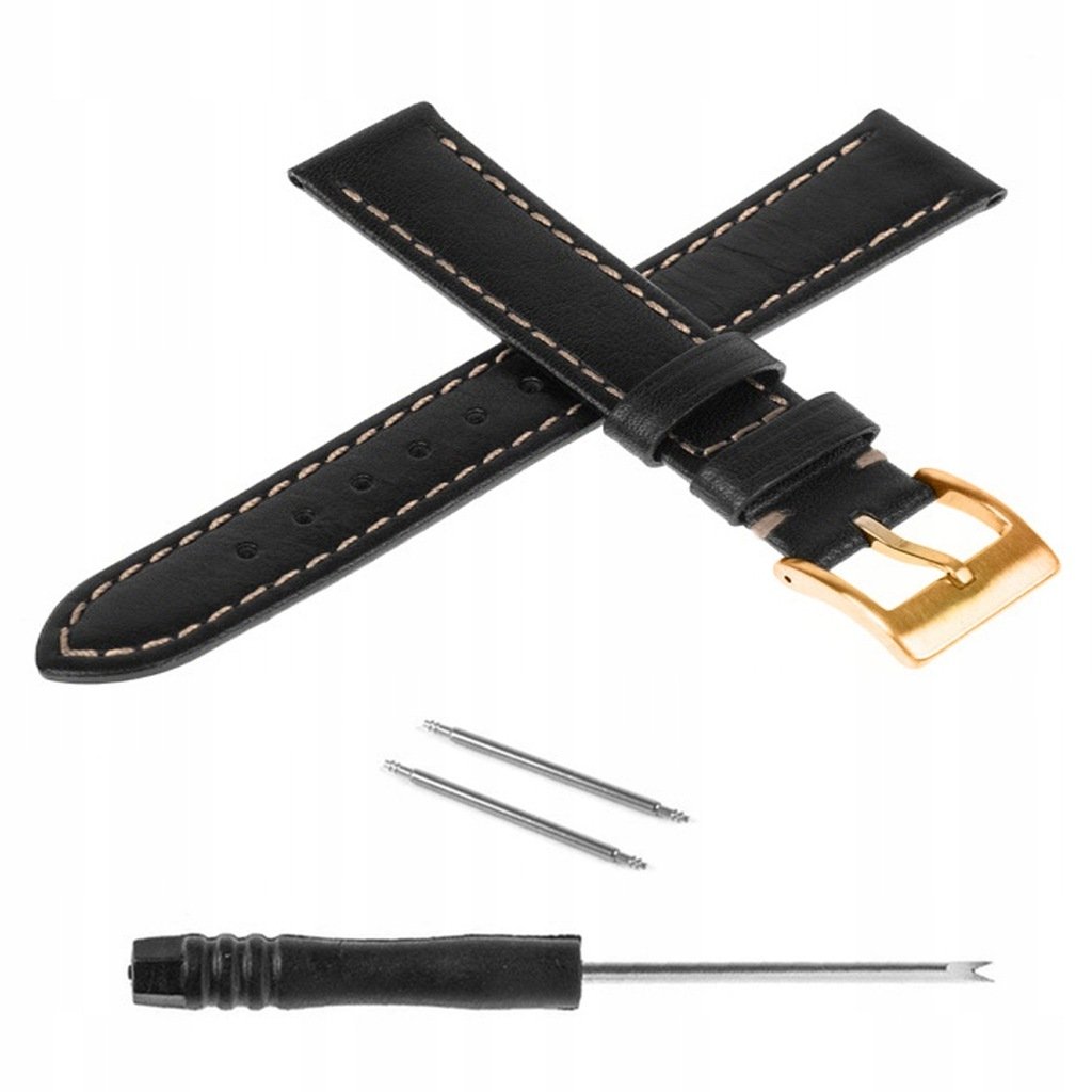 PASEK SKÓRZANY DO ZEGARKA 22MM PREMIUM CZARNY - BEŻOWA NIĆ - RÓŻOWE ZŁOTO