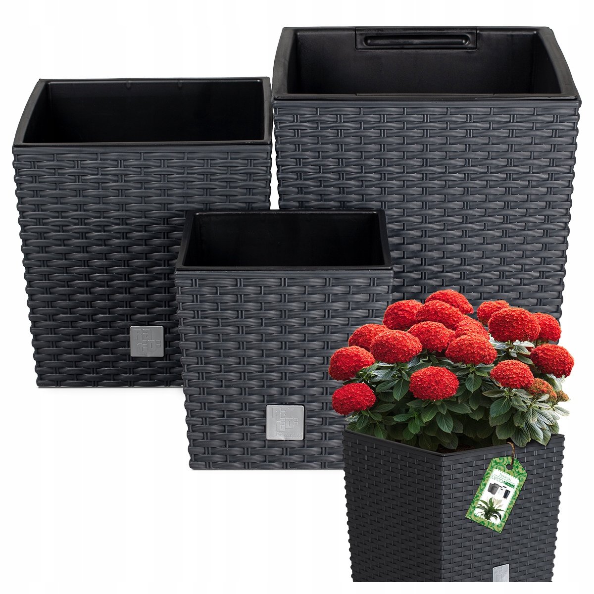 ZESTAW 3x DONICZKA DONICA OGRODOWA KWADRATOWA RATAN ANTRACYT KWIETNIK WKŁAD