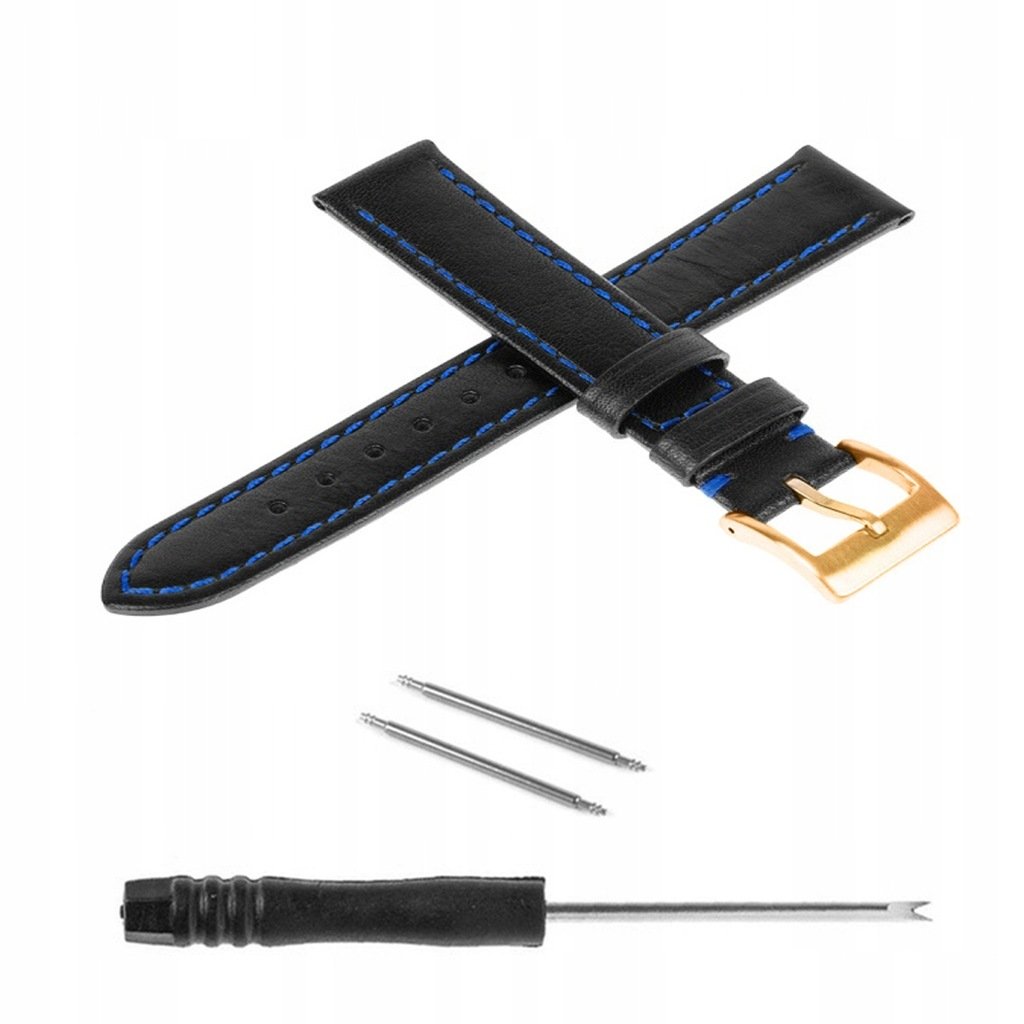 PASEK SKÓRZANY DO ZEGARKA 22MM CZARNY - GRANATOWA NIĆ - RÓŻOWE ZŁOTO