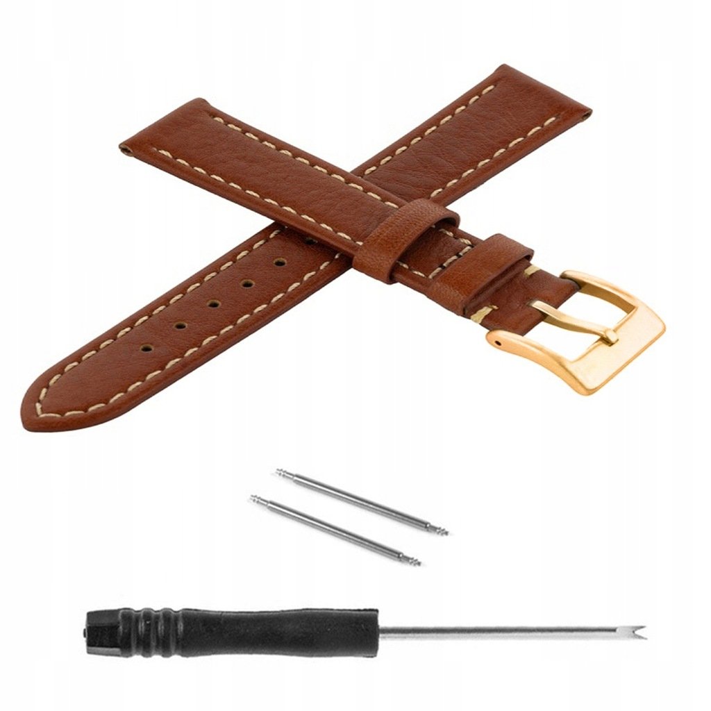 PASEK SKÓRZANY DO ZEGARKA 22MM JASNY BRĄZ - BEŻOWA NIĆ - RÓŻOWE ZŁOTO