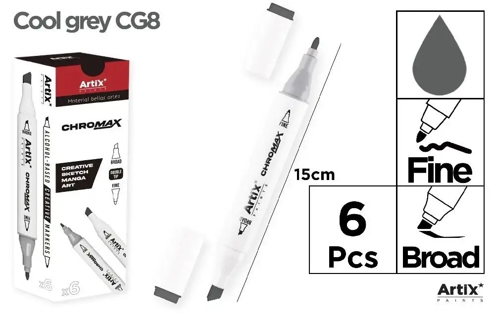 Marker Chromax z 2 końcówk. cool grey CG8 (6szt) - Artix