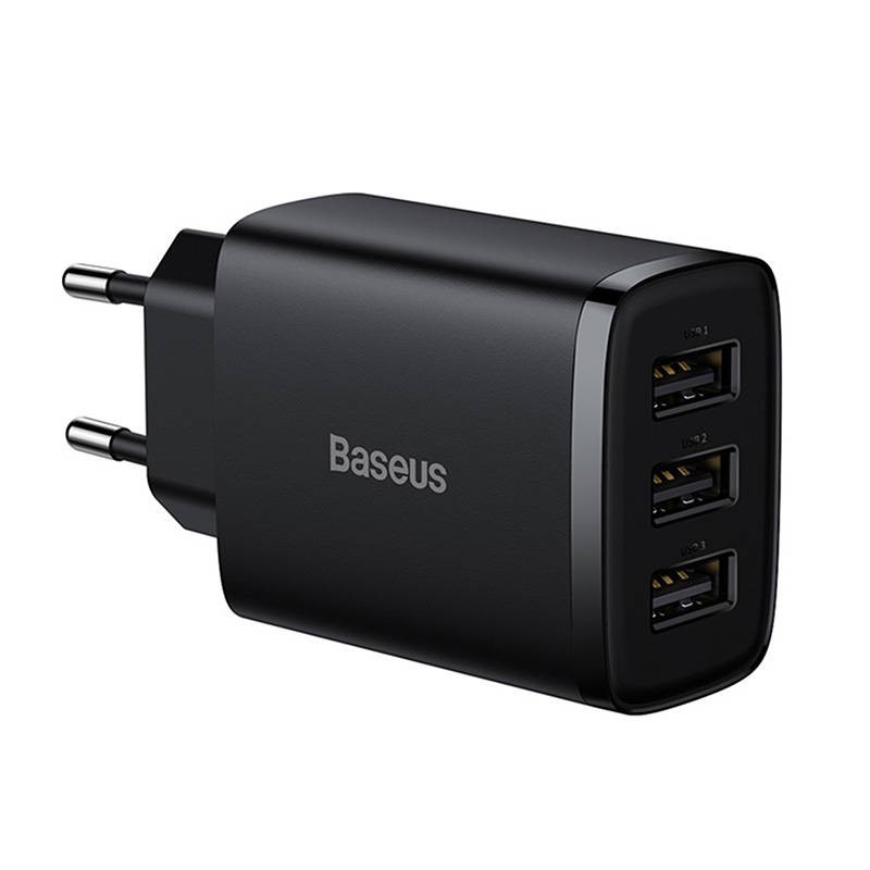 Baseus Compact Quick Charger, 3x USB, 17W czarna
