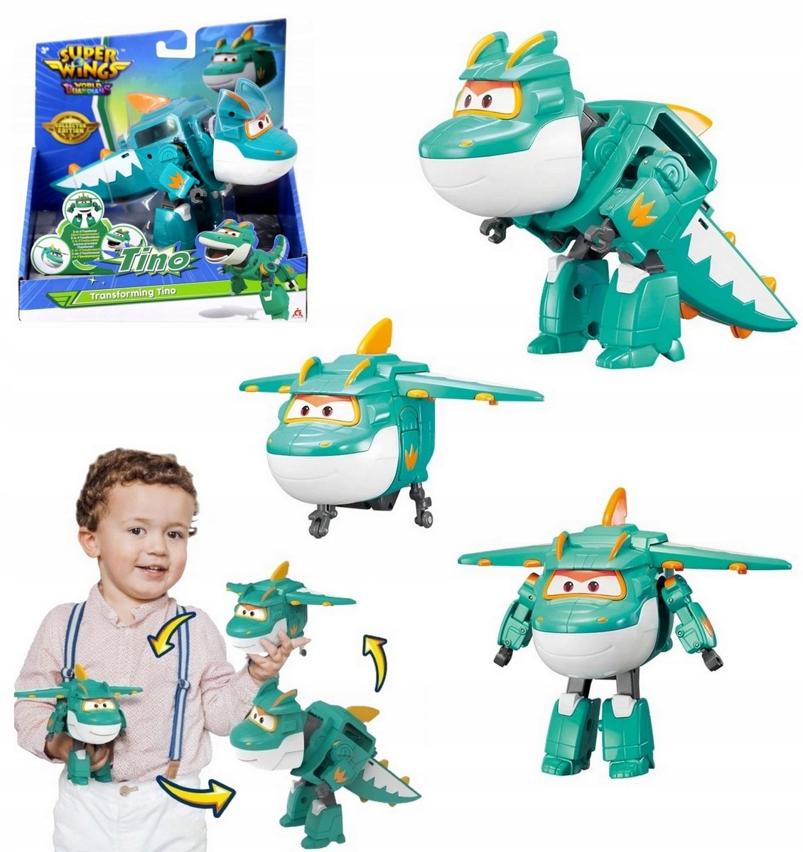 Super Wings Tino Zestaw 3w1 figurka transformująca Samolot Robot Dinozaur