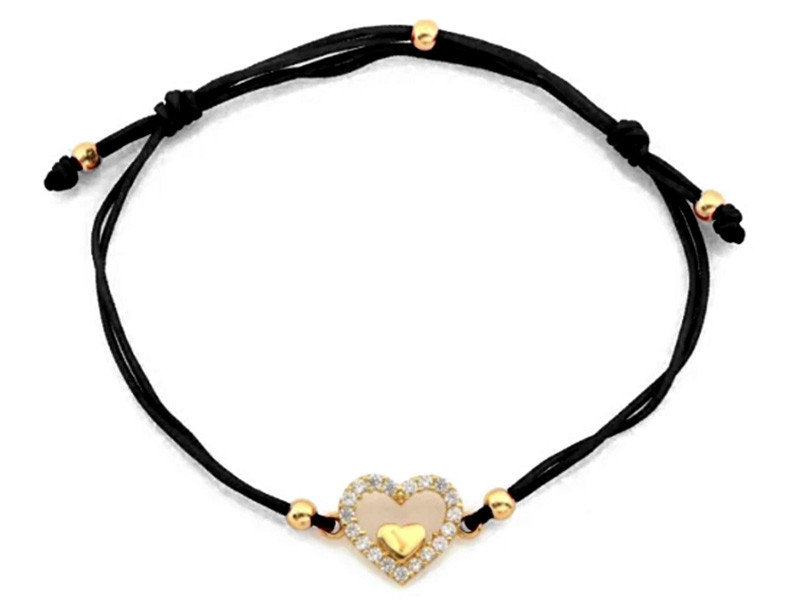 Bransoletka złota 585 serduszko z cyrkoniami na czarnym sznurku