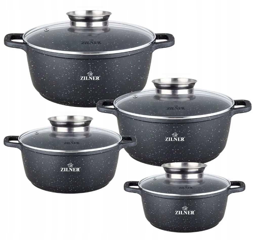Garnki marmurowe czarne 16/20/24/28 cm zestaw 8 el Zilner indukcja gaz