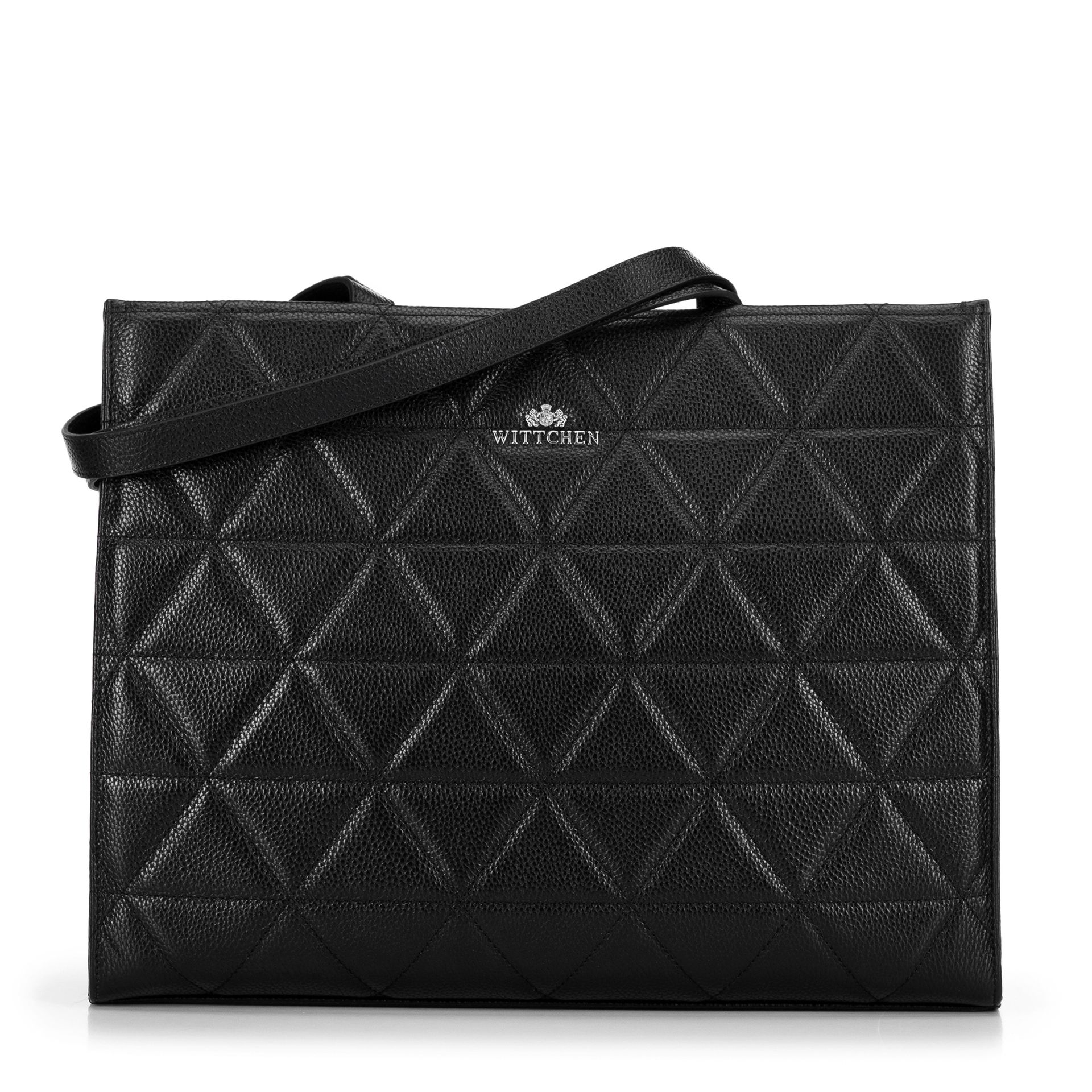 Damska shopperka ze skóry w geometryczne przeszycia czarno - srebrna