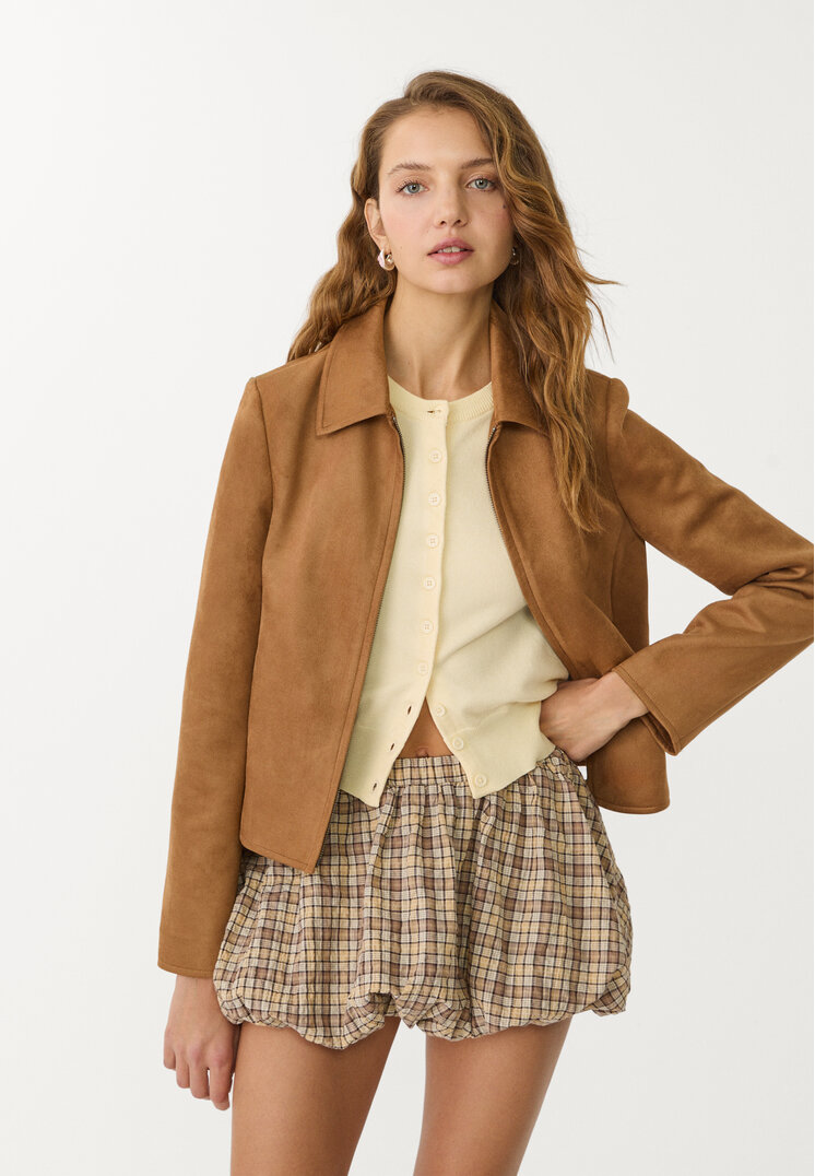 Stradivarius Spódnica mini balloon fit w kratkę Brązowy XL
