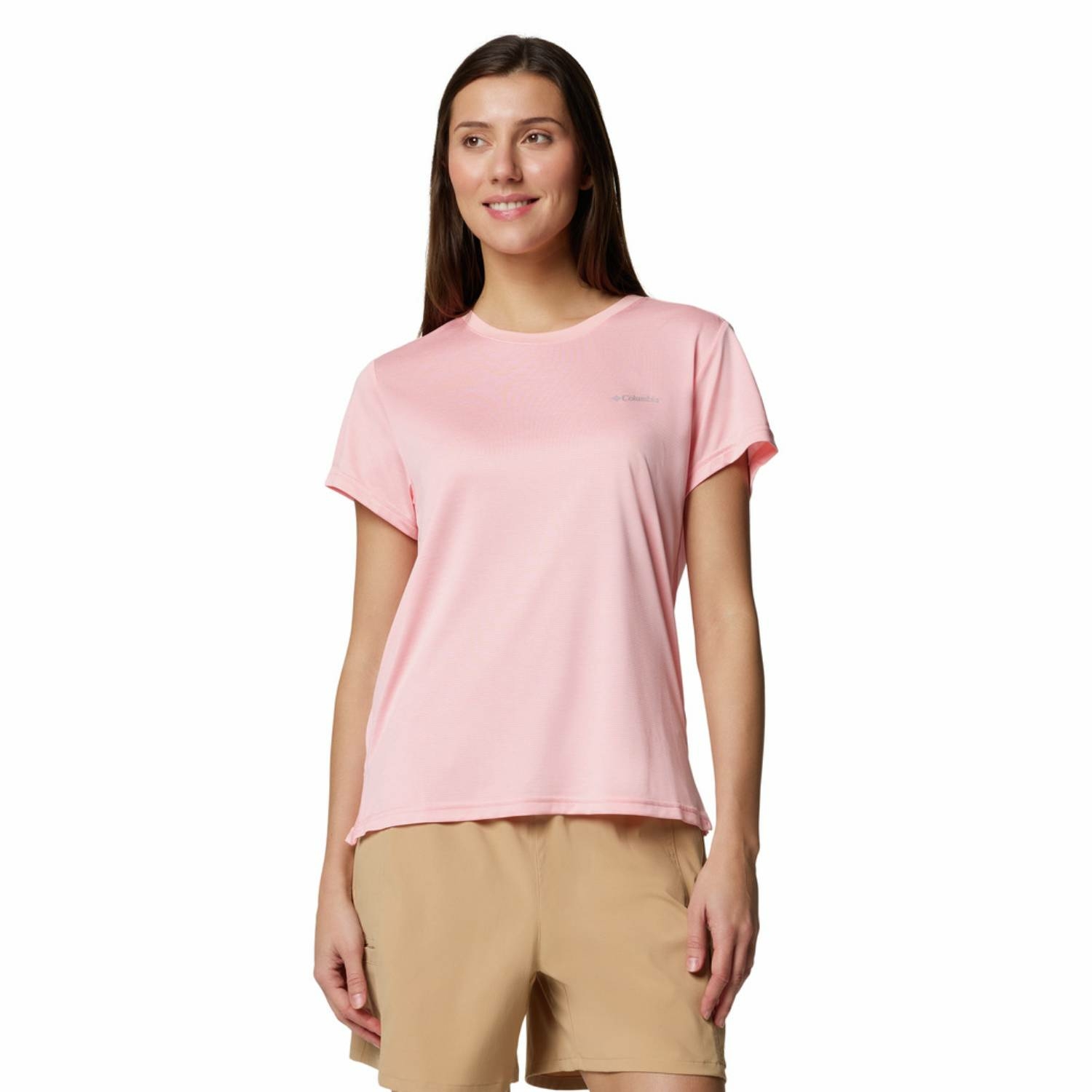 Damska koszulka techniczna Columbia BlueVista Hill Short Sleeve Crew pink sand heather - L