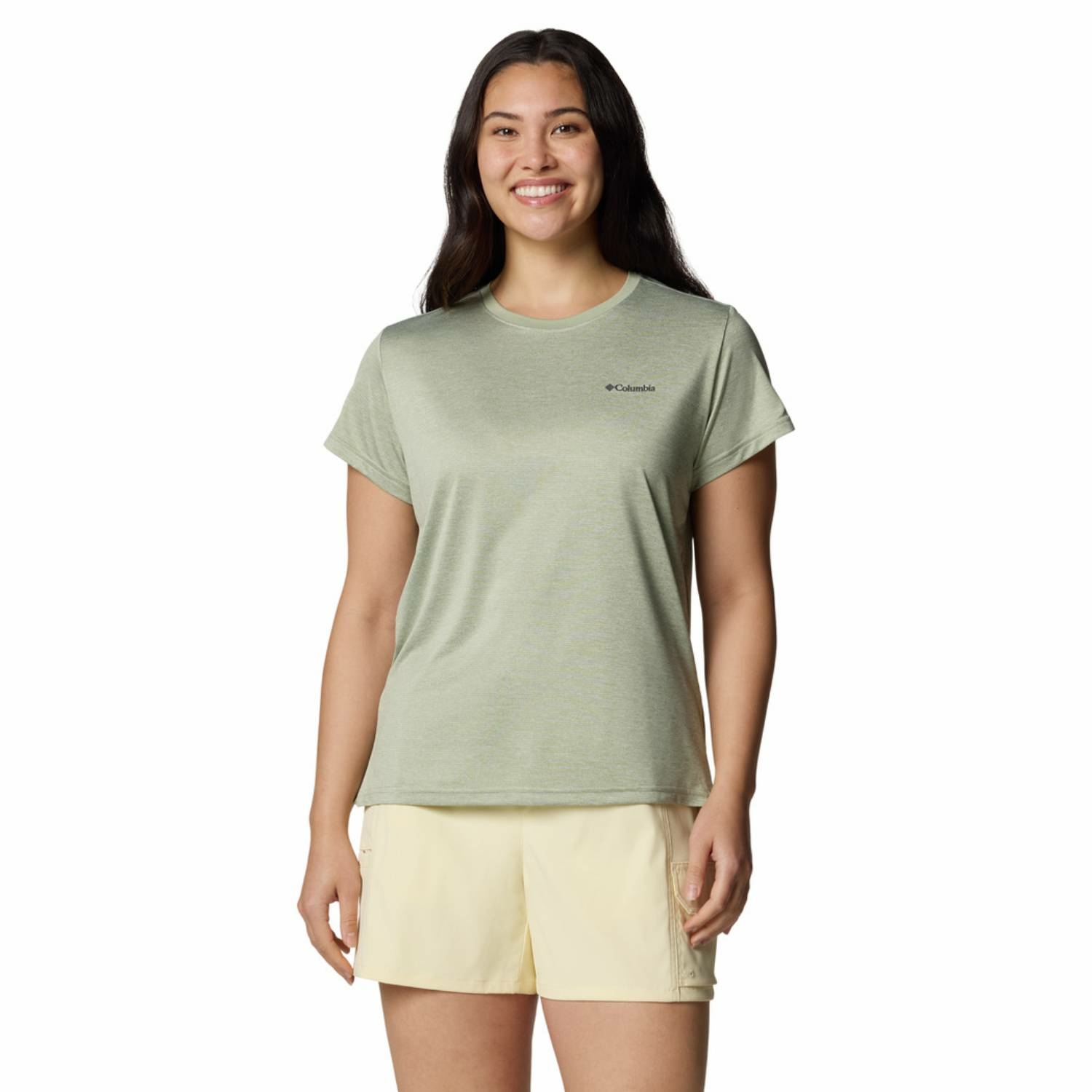 Damska koszulka techniczna Columbia BlueVista Hill Short Sleeve Crew safari heather - L