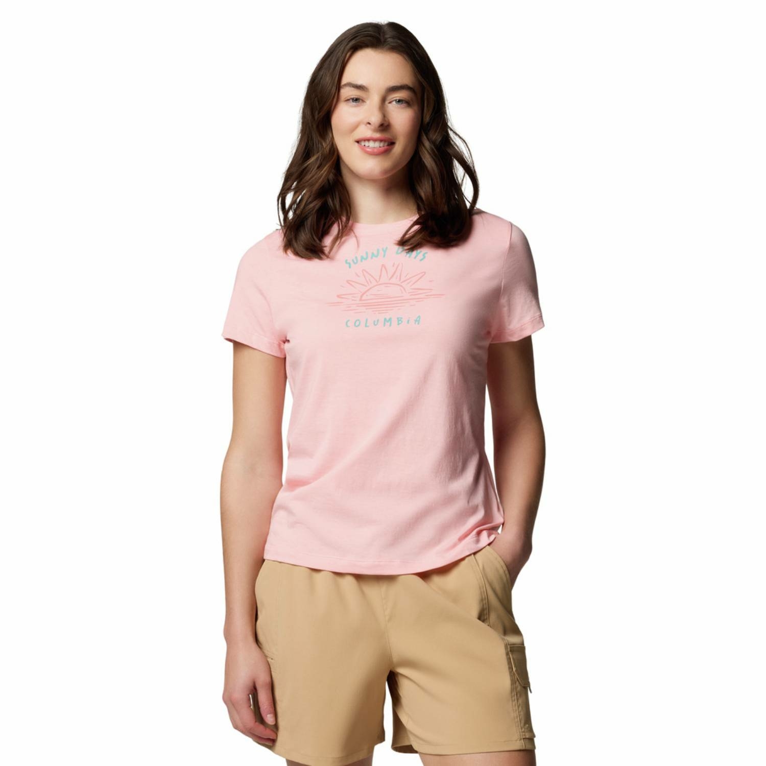 Damska koszulka techniczna Columbia Ruby Springs Graphic Fit Short Sleeve pink sand - L