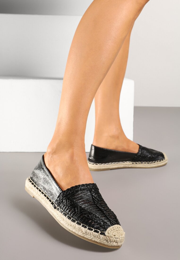 Czarne Espadryle Ozdobione Plecioną Cholewką i Sznurkiem Andisla