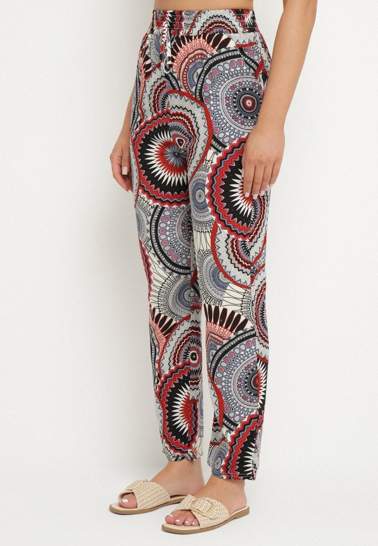 Czerwone Bawełniane Spodnie o Szerokim Kroju z Wysokim Stanem ze Wzorem Boho Zarrive
