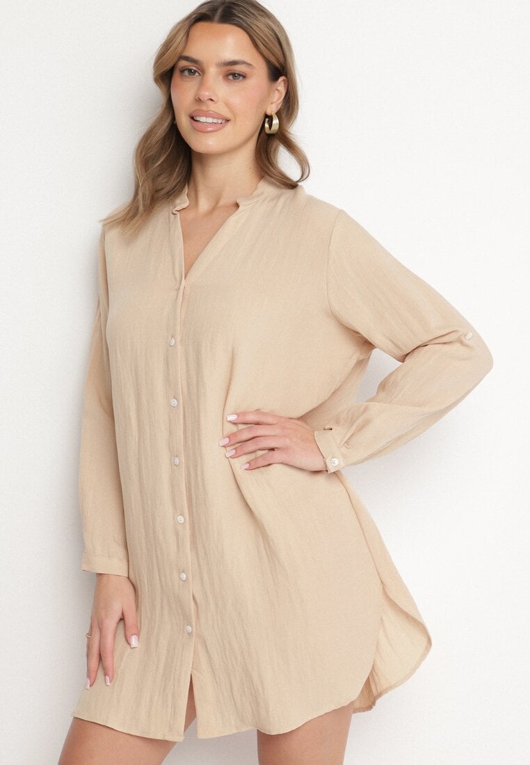 Beżowa Sukienka Oversize z Bawełny o Prostym Kroju Koszulowym Elanistra