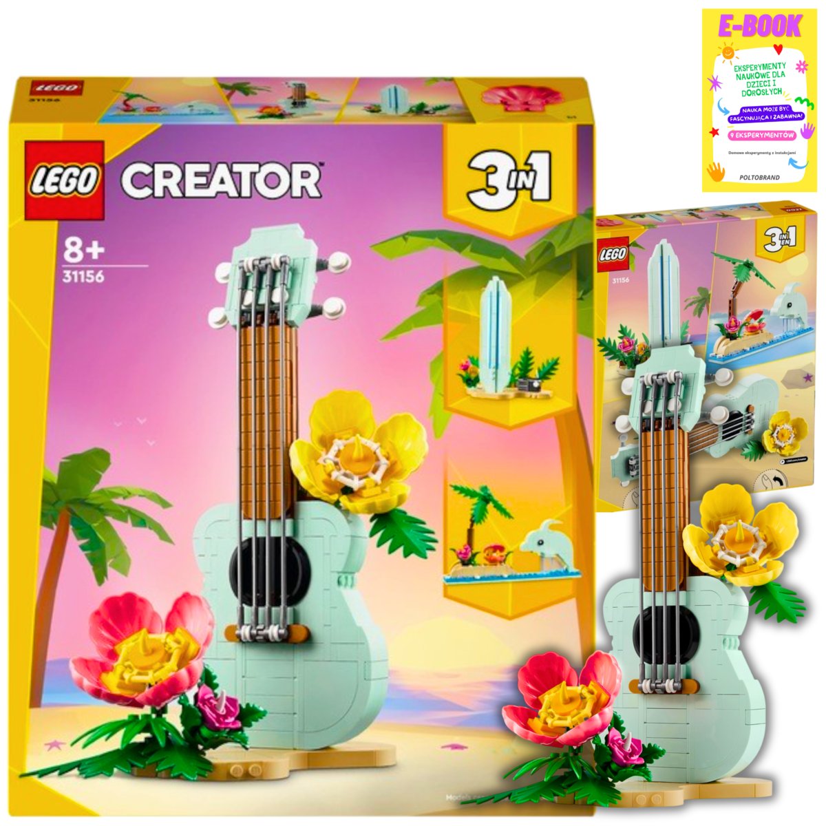 LEGO KLOCKI CREATOR 3w1 - TROPIKALNE UKULELE 31156 Delfin Deska Surfingowa PREZENT + EBOOK