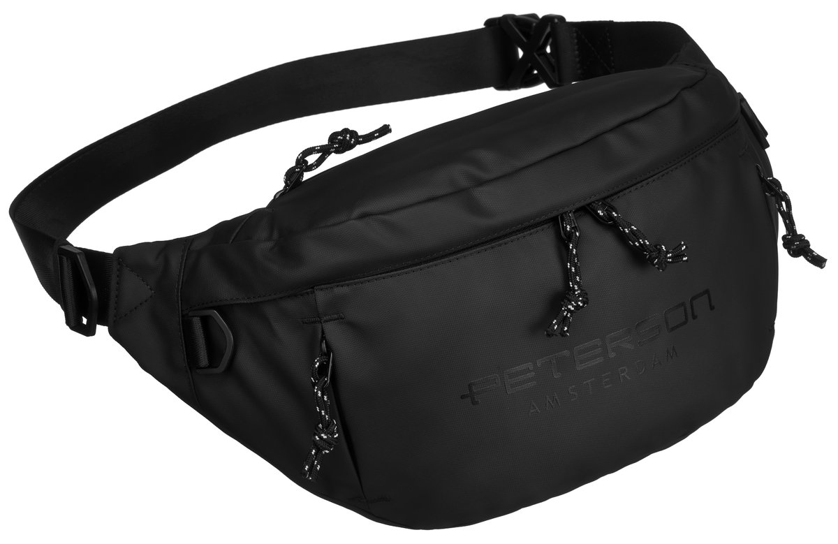 Saszetka męska czarna nerka na biodra lub przez ramię PETERSON pojemna kieszonki szeroki pasek z regulacją