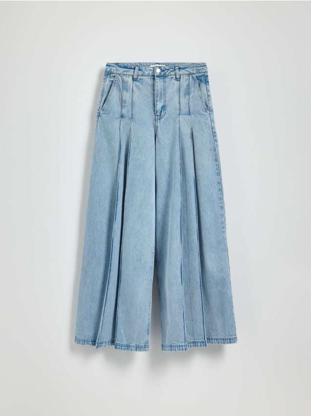 Reserved - Jeansy wide leg z haftem - niebieski