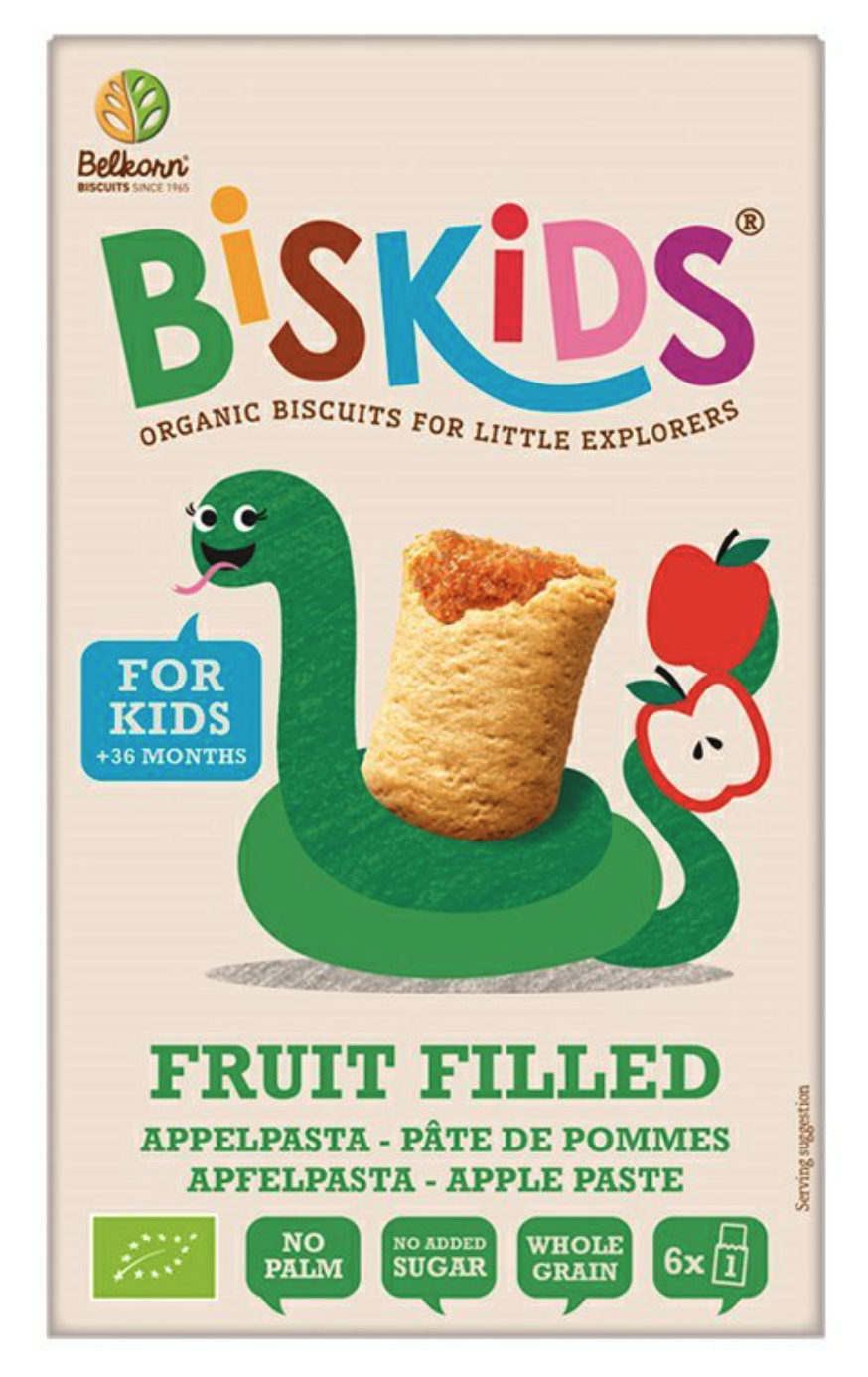 BISkids - BIO miękkie ciasteczka dla dzieci z musem jabłkowym bez dodatku cukru, 33% owoców 36M+, 120g