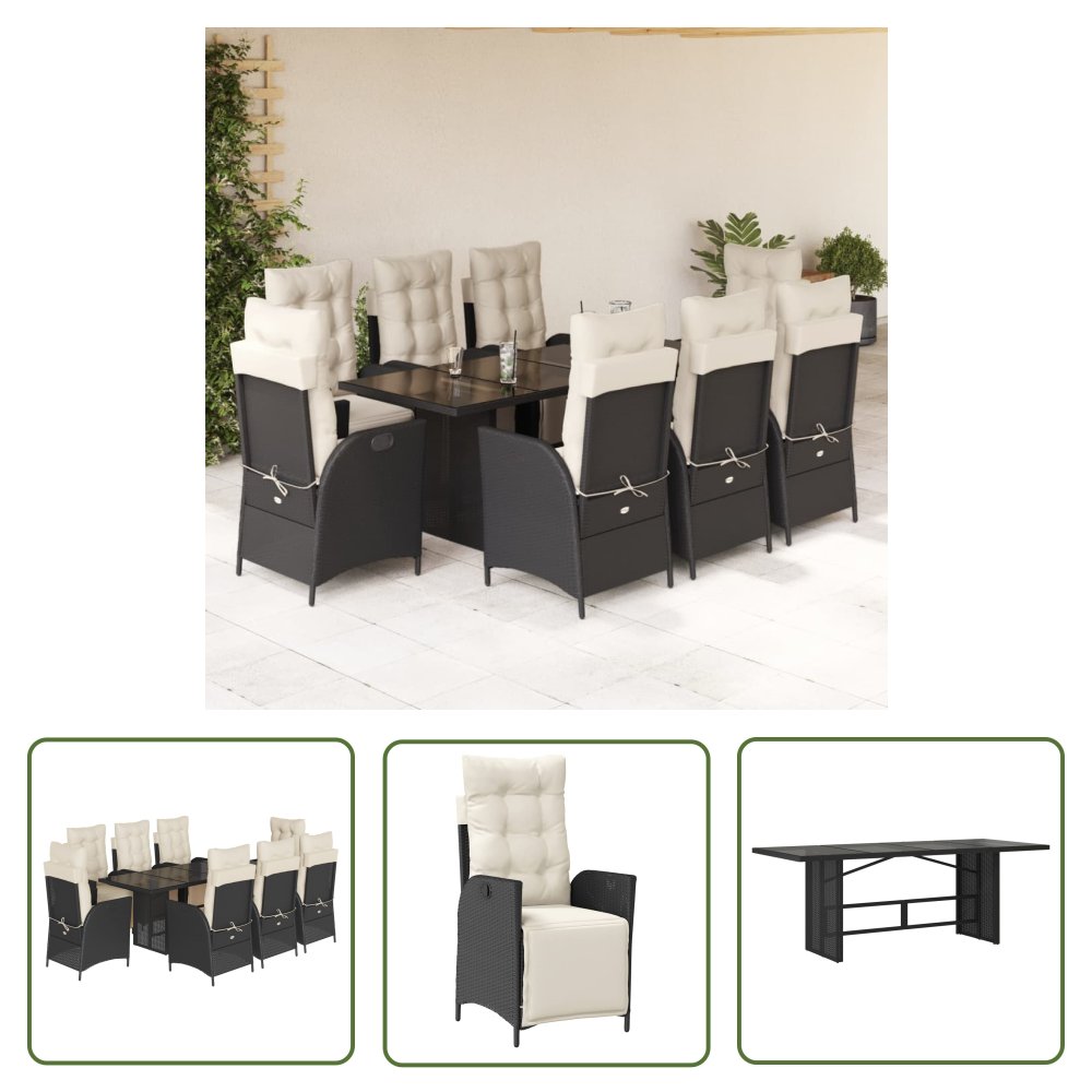 The Living Store 9-cz. zestaw mebli ogrodowych z poduszkami - czarny - rattan PE - Meble Ogrodowe