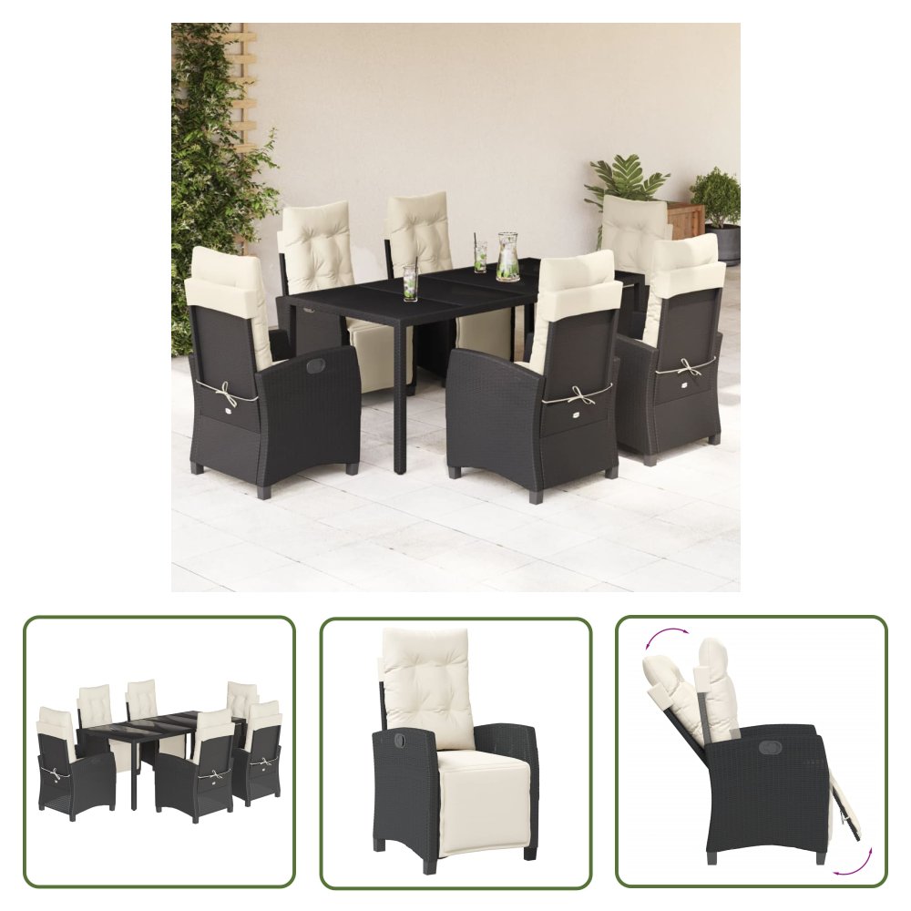 The Living Store 7-cz. zestaw mebli ogrodowych z poduszkami - czarny - polirattan - Meble Ogrodowe