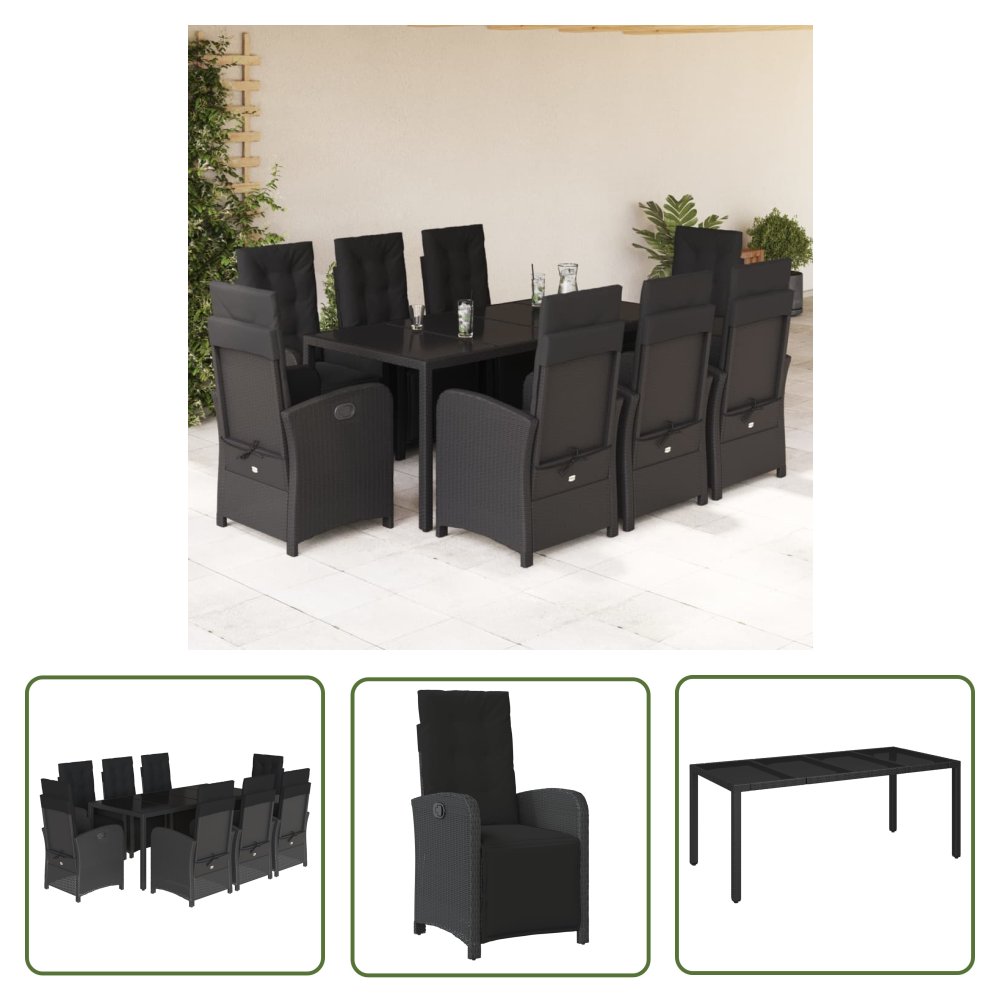 The Living Store 9-cz. zestaw mebli ogrodowych z poduszkami - czarny - rattan PE - Meble Ogrodowe