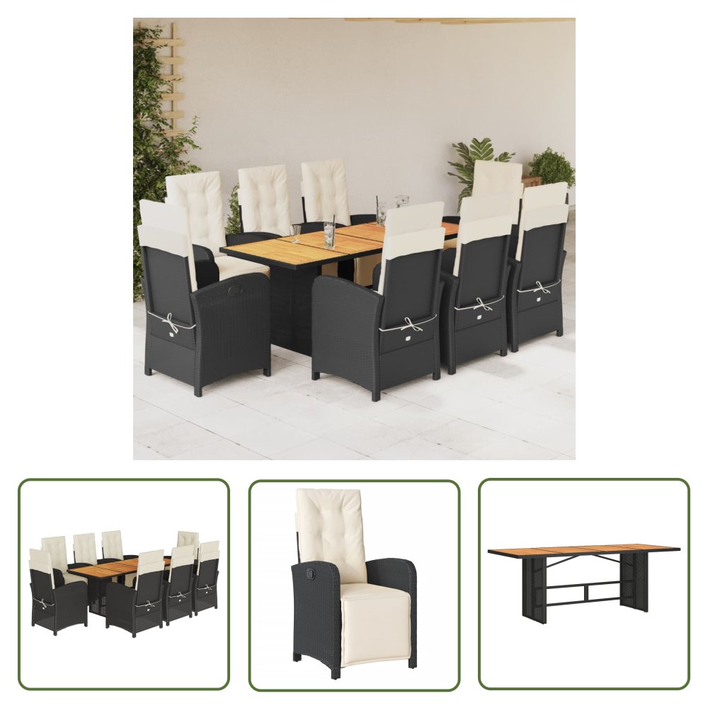 The Living Store 9-cz. zestaw mebli ogrodowych z poduszkami - czarny - rattan PE - Meble Ogrodowe