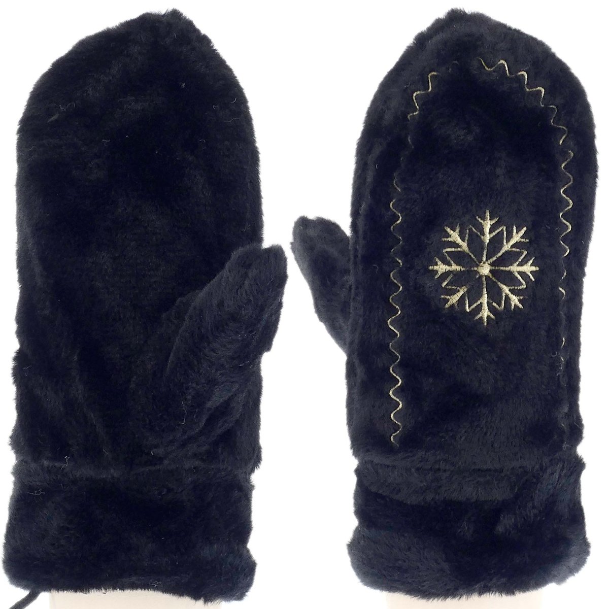 Damskie Zimowe Rękawiczki Niezgubki Na Sznurku Z Haftem Czarne